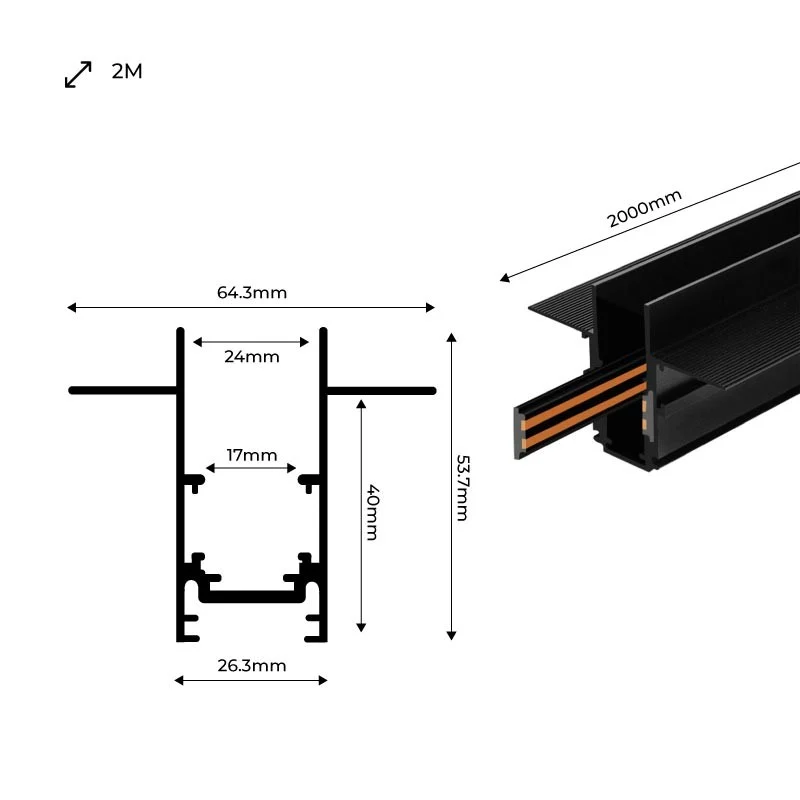 Trano Einbau‑Magnetschiene 20 mm Schwarz – 48V Magnet‑Stromschiene aus Aluminium, IP20, 1 m & 2 m, inkl. Abdeckung & Endkappen, CE/ROHS