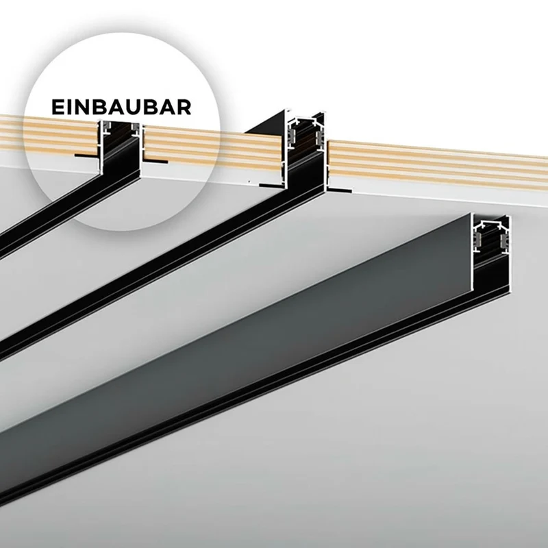 Trano Einbau‑Magnetschiene 20 mm Schwarz – 48V Magnet‑Stromschiene aus Aluminium, IP20, 1 m & 2 m, inkl. Abdeckung & Endkappen, CE/ROHS
