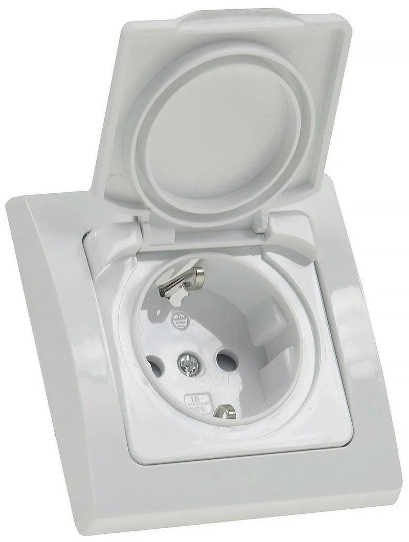 Trano Schutzkontakt-Steckdose IP44 250V~/16A inkl. Rahmen UP weiß & silber | Spritzwassergeschützt, Klapp-Deckel, 80x80mm