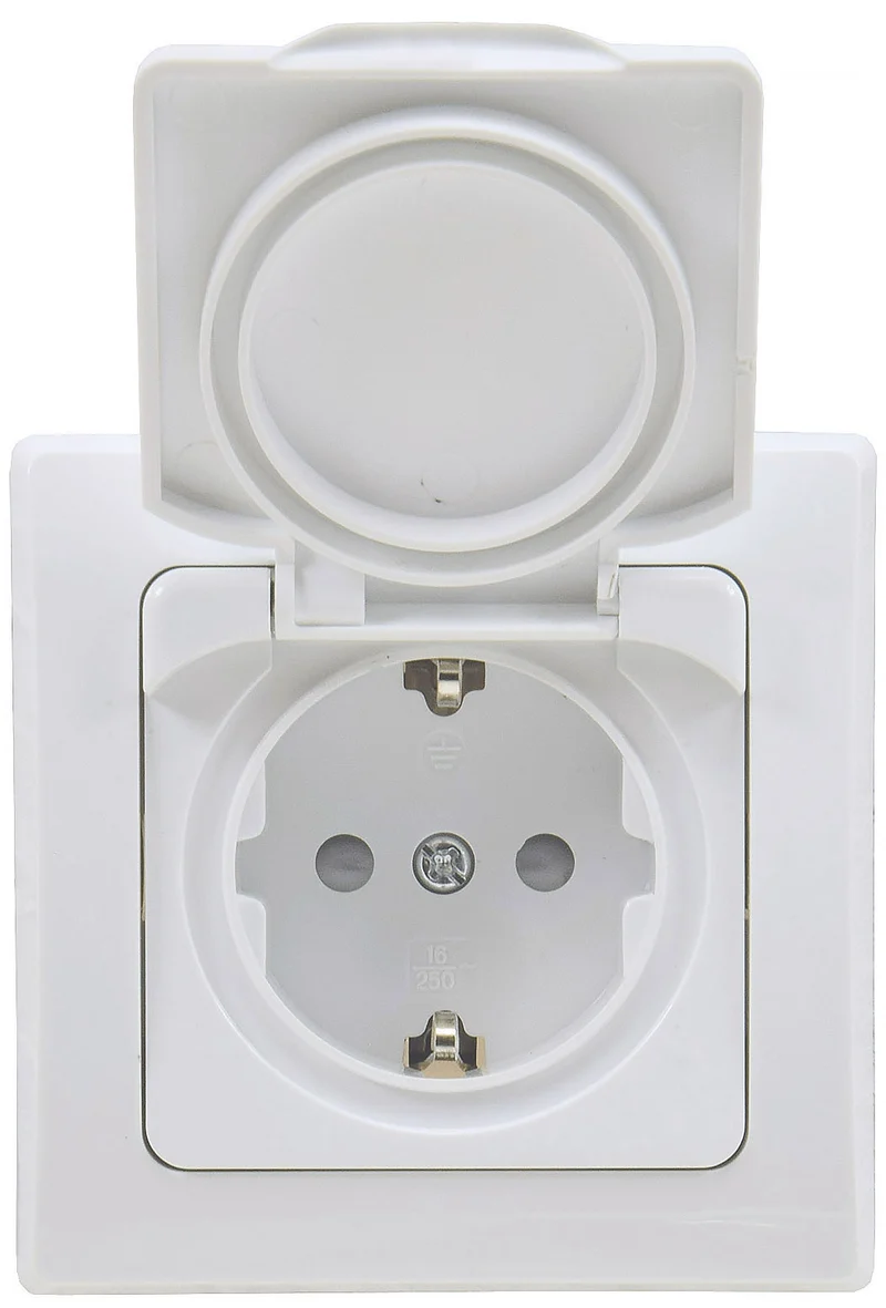 Trano Schutzkontakt-Steckdose IP44 250V~/16A inkl. Rahmen UP weiß & silber | Spritzwassergeschützt, Klapp-Deckel, 80x80mm