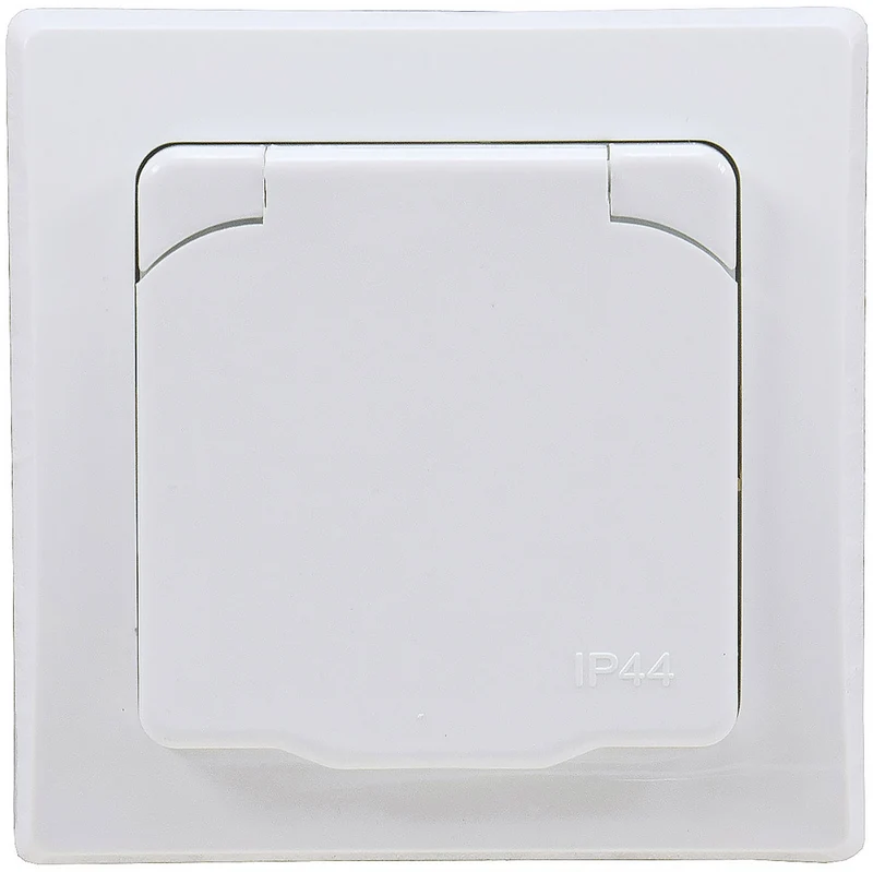 Trano Schutzkontakt-Steckdose IP44 250V~/16A inkl. Rahmen UP weiß & silber | Spritzwassergeschützt, Klapp-Deckel, 80x80mm