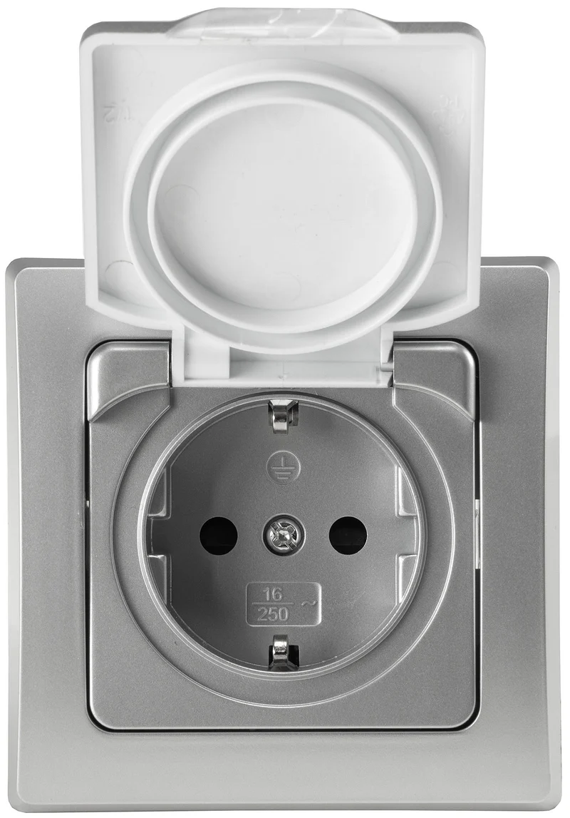 Trano Schutzkontakt-Steckdose IP44 250V~/16A inkl. Rahmen UP weiß & silber | Spritzwassergeschützt, Klapp-Deckel, 80x80mm