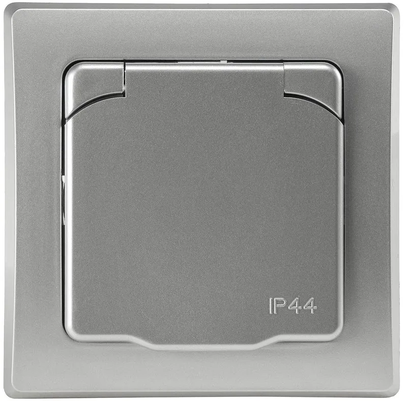 Trano Schutzkontakt-Steckdose IP44 250V~/16A inkl. Rahmen UP weiß & silber | Spritzwassergeschützt, Klapp-Deckel, 80x80mm