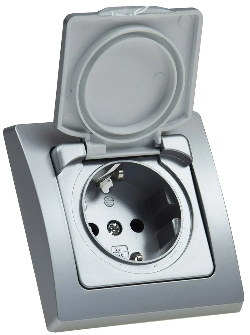 Trano Schutzkontakt-Steckdose IP44 250V~/16A inkl. Rahmen UP weiß & silber | Spritzwassergeschützt, Klapp-Deckel, 80x80mm