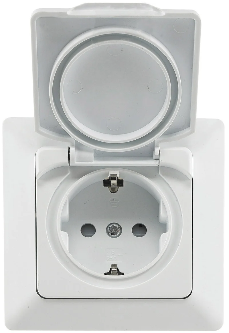 Trano Schutzkontakt-Steckdose IP44 250V~/16A inkl. Rahmen UP weiß matt & anthrazit, spritzwassergeschützt, 80x80mm