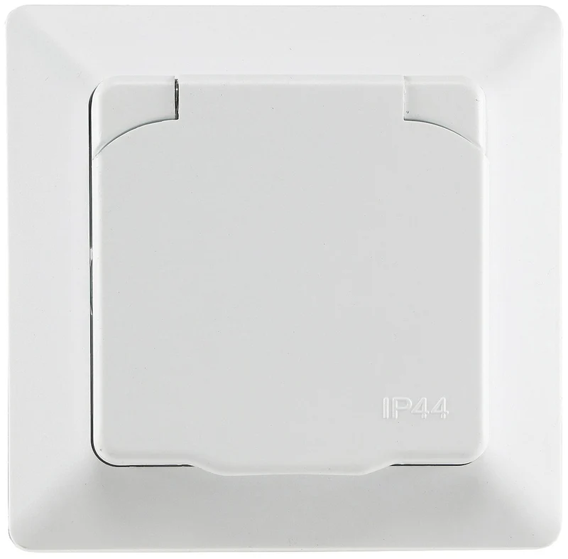 Trano Schutzkontakt-Steckdose IP44 250V~/16A inkl. Rahmen UP weiß matt & anthrazit, spritzwassergeschützt, 80x80mm