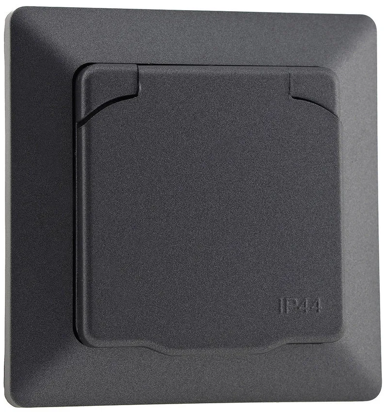 Trano Schutzkontakt-Steckdose IP44 250V~/16A inkl. Rahmen UP weiß matt & anthrazit, spritzwassergeschützt, 80x80mm