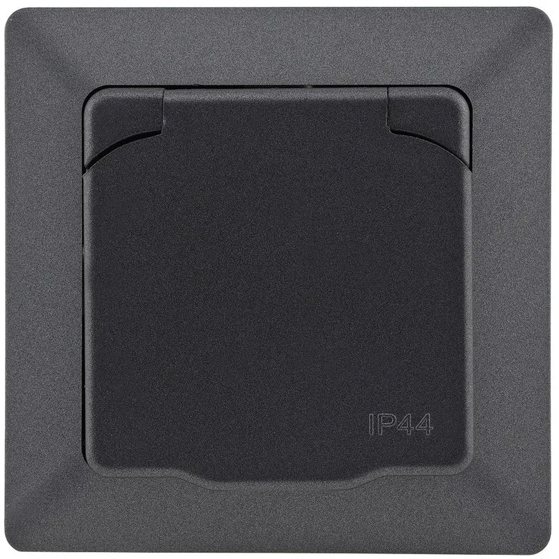 Trano Schutzkontakt-Steckdose IP44 250V~/16A inkl. Rahmen UP weiß matt & anthrazit, spritzwassergeschützt, 80x80mm
