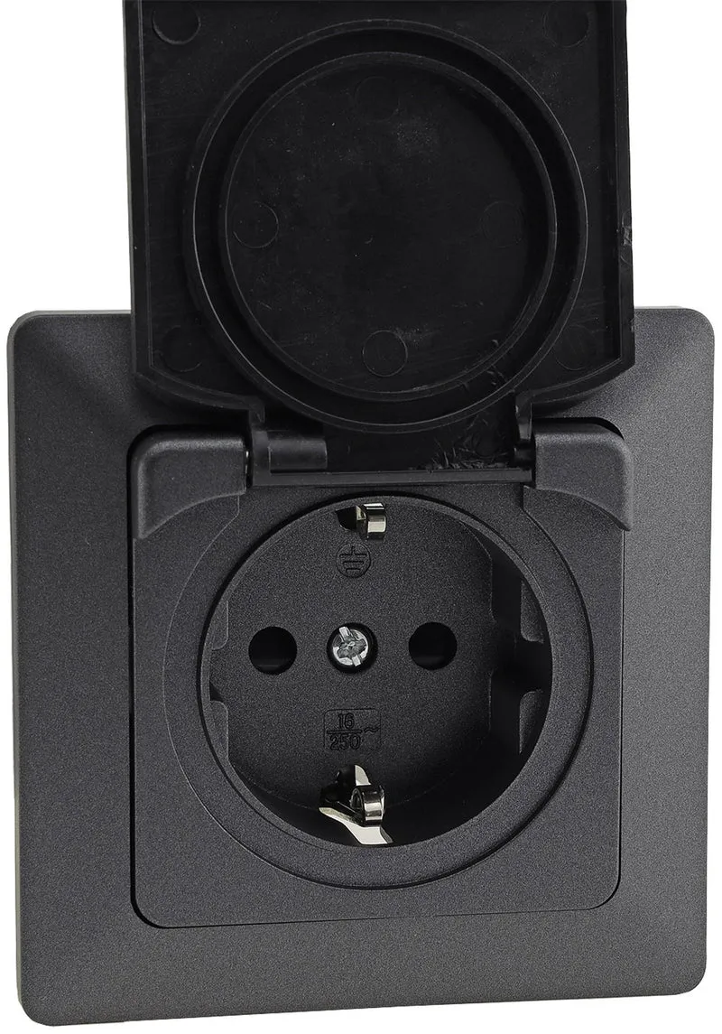Trano Schutzkontakt-Steckdose IP44 250V~/16A inkl. Rahmen UP weiß matt & anthrazit, spritzwassergeschützt, 80x80mm