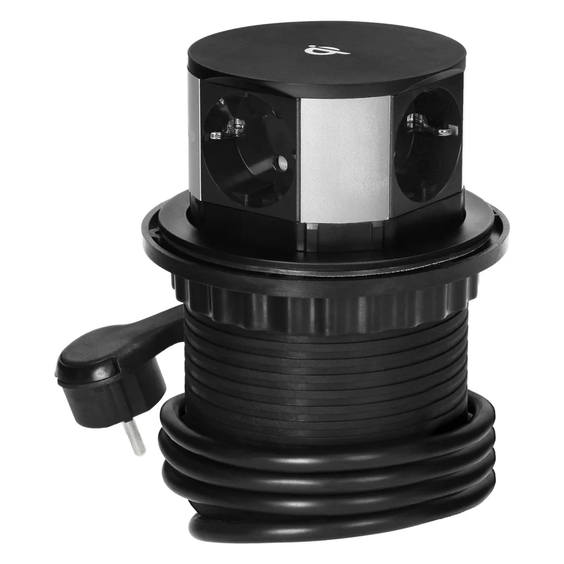 Trano Versenkbare Tischsteckdose Ø10cm mit 3x Schuko, USB-A+C QC 3.0, Qi Induktiv 10W, 1,5m Kabel, IP20, Schwarz