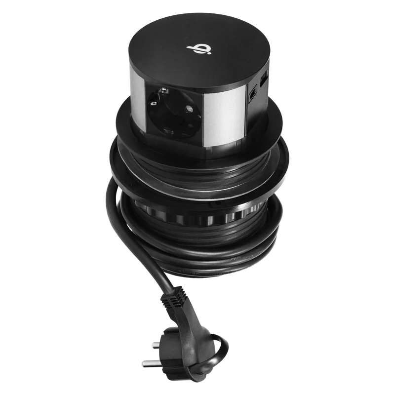Trano Versenkbare Tischsteckdose Ø10cm mit 3x Schuko, USB-A+C QC 3.0, Qi Induktiv 10W, 1,5m Kabel, IP20, Schwarz