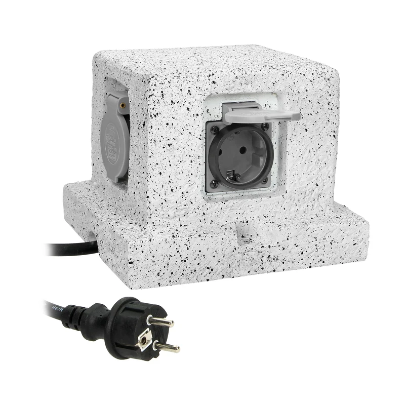 Trano Gartensteckdose Steinoptik 4-fach IP44 wasserdicht, 3m H07RN-F Kabel, 3680W/16A, Schuko Typ F, grau