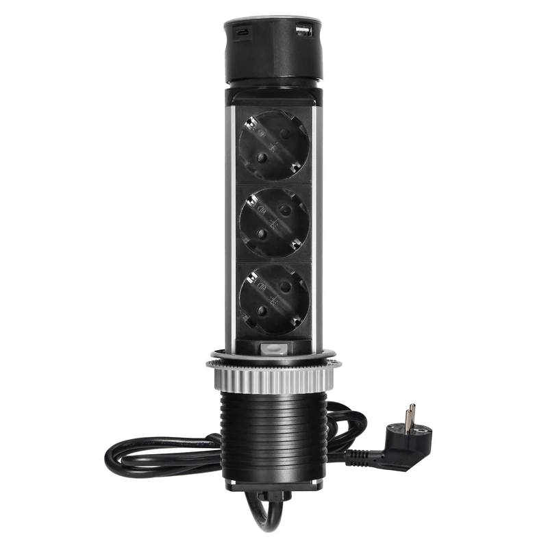 Trano Möbelsteckdose Versenkbar Ø60mm, 3x Schuko Typ F, 2x USB (A+C), 3680W, Edelstahl,1,5m Kabel, IP20, ausziehbar
