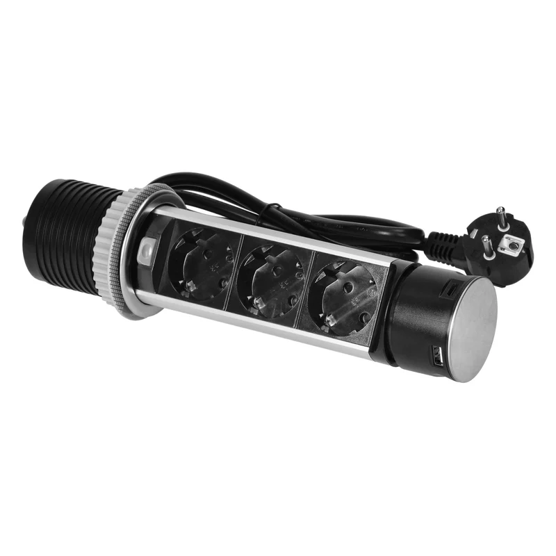 Trano Möbelsteckdose Versenkbar Ø60mm, 3x Schuko Typ F, 2x USB (A+C), 3680W, Edelstahl,1,5m Kabel, IP20, ausziehbar