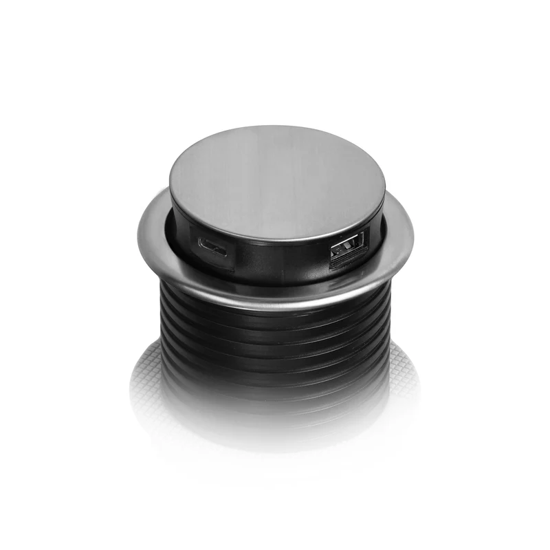 Trano Möbelsteckdose Versenkbar Ø60mm, 3x Schuko Typ F, 2x USB (A+C), 3680W, Edelstahl,1,5m Kabel, IP20, ausziehbar