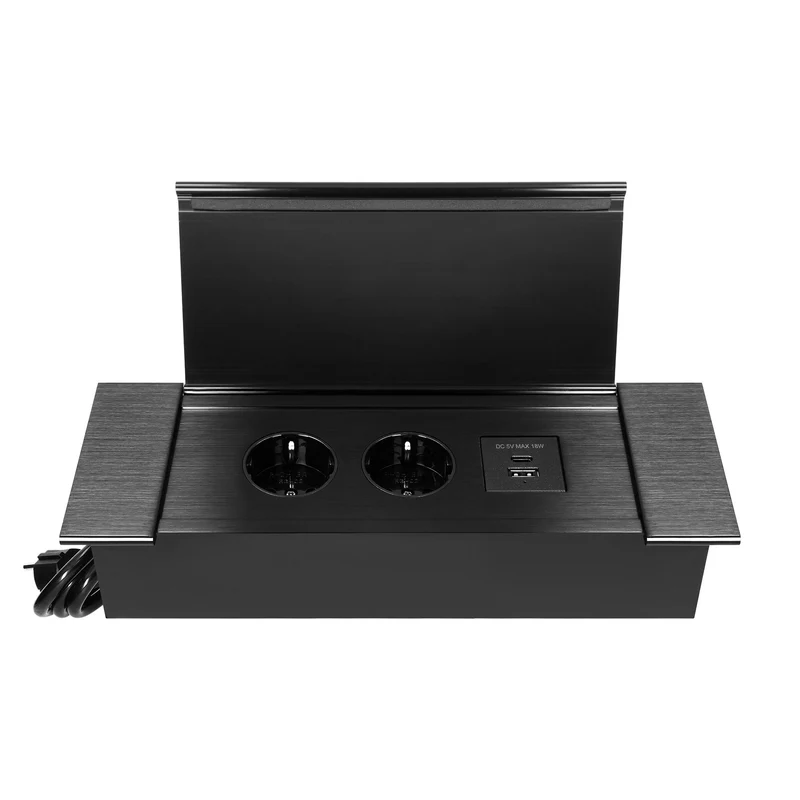 Trano Einbau Steckdose Schuko 2x mit USB A+C 3,6A, 230V, 3680W, 1,5m Kabel, Aluminium/Schwarz, flacher Rand, klappbarer Deckel