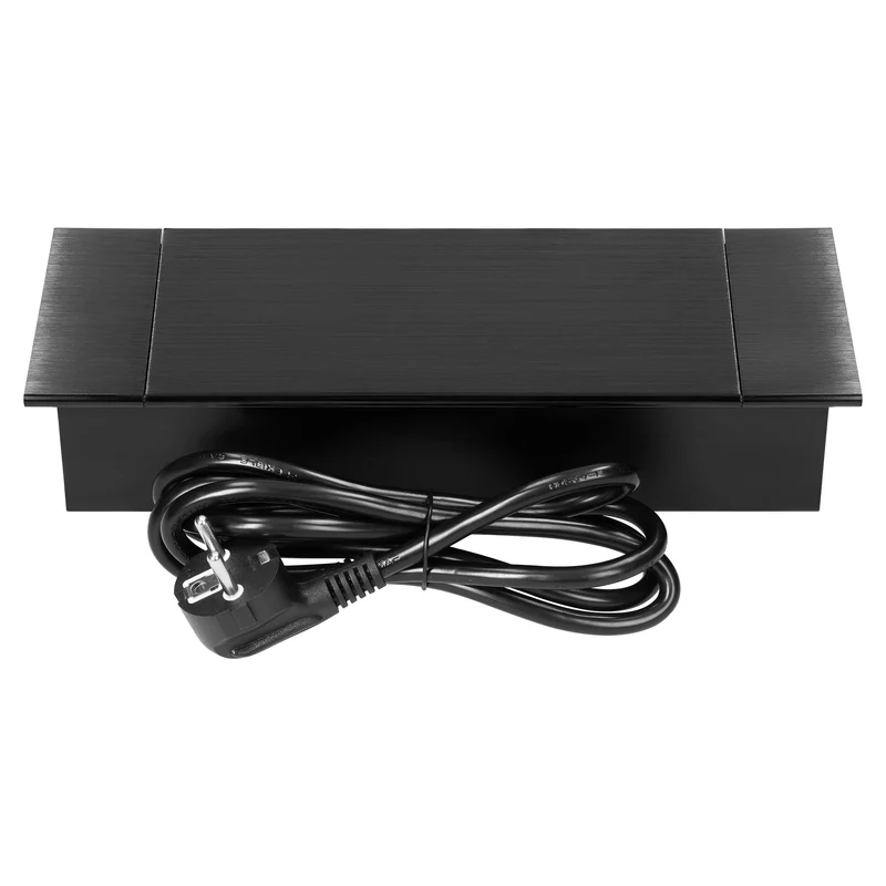 Trano Einbau Steckdose Schuko 2x mit USB A+C 3,6A, 230V, 3680W, 1,5m Kabel, Aluminium/Schwarz, flacher Rand, klappbarer Deckel