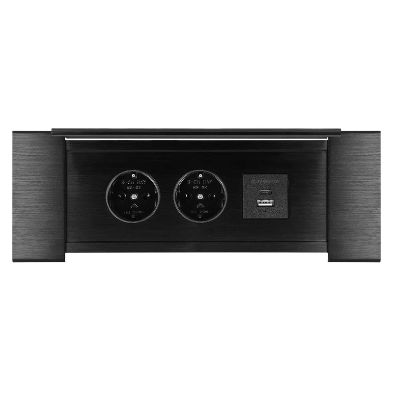 Trano Einbau Steckdose Schuko 2x mit USB A+C 3,6A, 230V, 3680W, 1,5m Kabel, Aluminium/Schwarz, flacher Rand, klappbarer Deckel