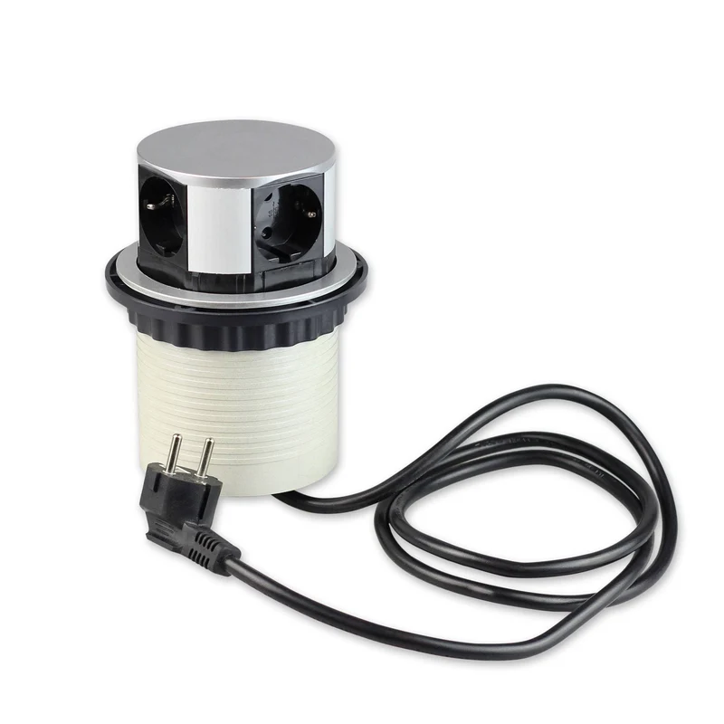 Trano Einbausteckdose Ø10cm, 3x Schuko Typ F, 2x USB A+C 3A, 1,5m Kabel, Aluminium Silber, 3680W, IP20