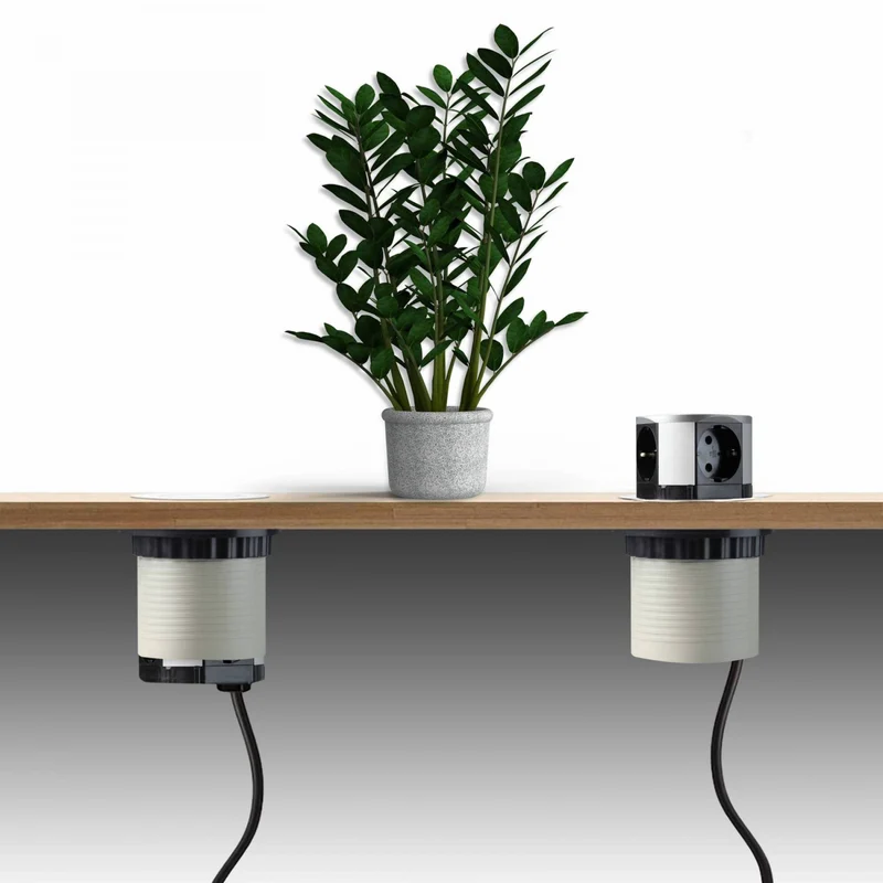 Trano Einbausteckdose Ø10cm, 3x Schuko Typ F, 2x USB A+C 3A, 1,5m Kabel, Aluminium Silber, 3680W, IP20