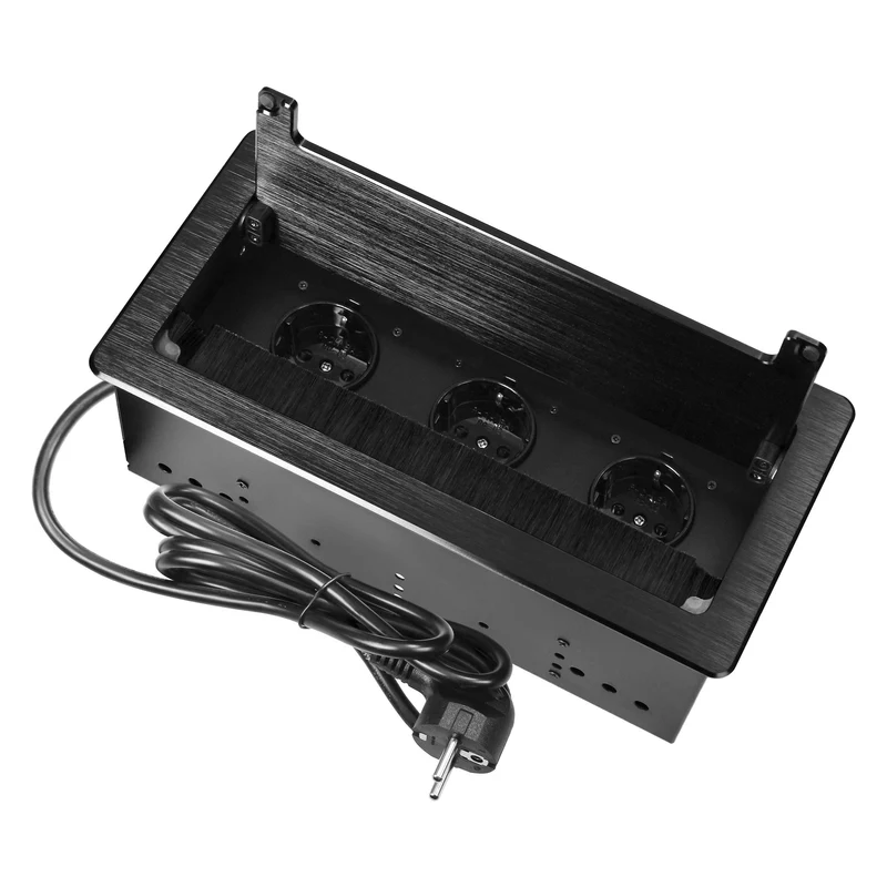 Trano Einbausteckdose 3x Schuko Typ F, flacher Rand 2mm, Anti-Staub-Bürste, 1,5m Kabel, 3680W, IP20, schwarz 265x130mm