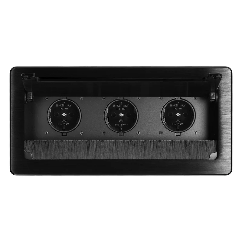Trano Einbausteckdose 3x Schuko Typ F, flacher Rand 2mm, Anti-Staub-Bürste, 1,5m Kabel, 3680W, IP20, schwarz 265x130mm