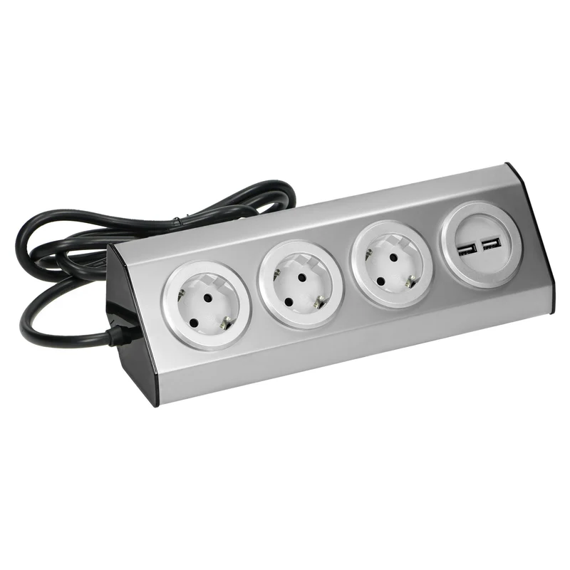 Trano Ecksteckdose 3-Fach mit 2 USB Anschlüssen, 45° Montage, Edelstahl Inox, 3680W 16A, Kabel 1,5m, Küche & Büro