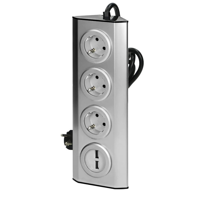 Trano Ecksteckdose 3-Fach mit 2 USB Anschlüssen, 45° Montage, Edelstahl Inox, 3680W 16A, Kabel 1,5m, Küche & Büro