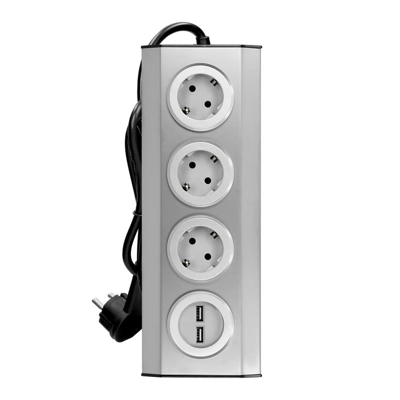 Trano Ecksteckdose 3-Fach mit 2 USB Anschlüssen, 45° Montage, Edelstahl Inox, 3680W 16A, Kabel 1,5m, Küche & Büro