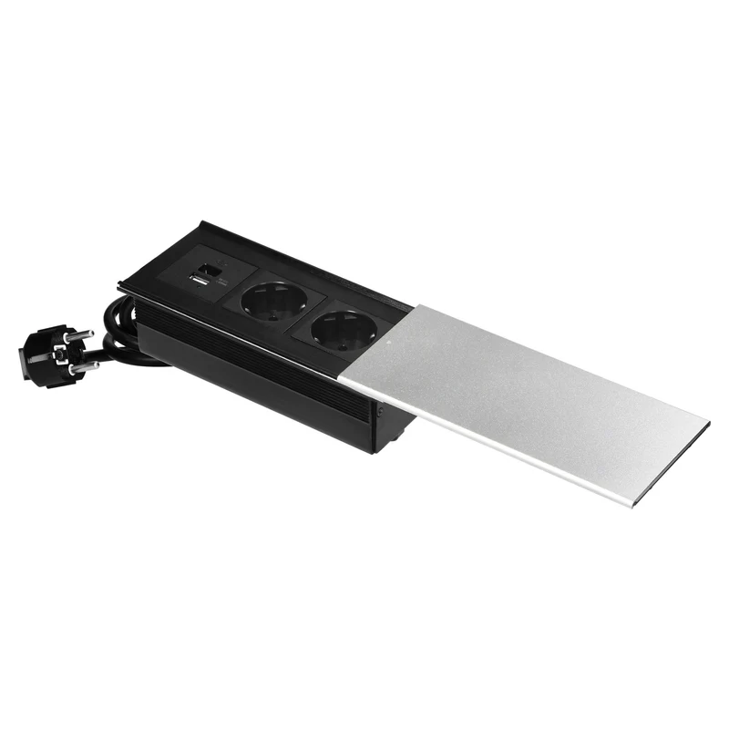 Trano Einbausteckdose mit Schiebedeckel, 2x Schuko 3680W, 2x USB-A+C 5V/4,2A, 1,8m Kabel, Aluminium Silber, 190x86mm