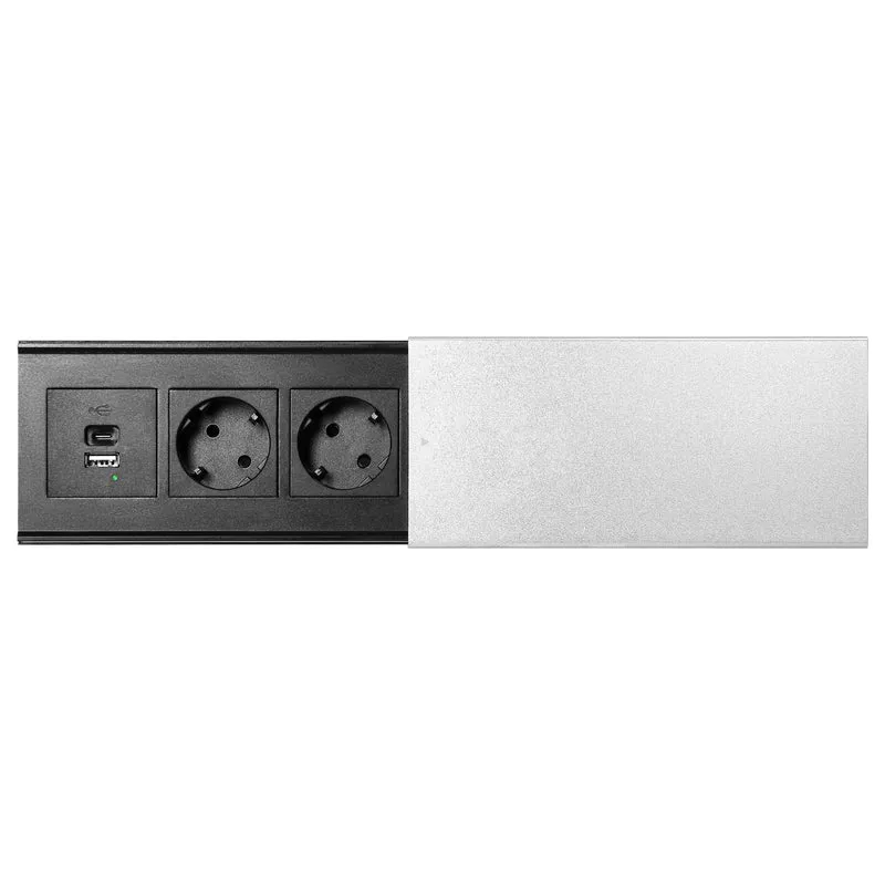 Trano Einbausteckdose mit Schiebedeckel, 2x Schuko 3680W, 2x USB-A+C 5V/4,2A, 1,8m Kabel, Aluminium Silber, 190x86mm