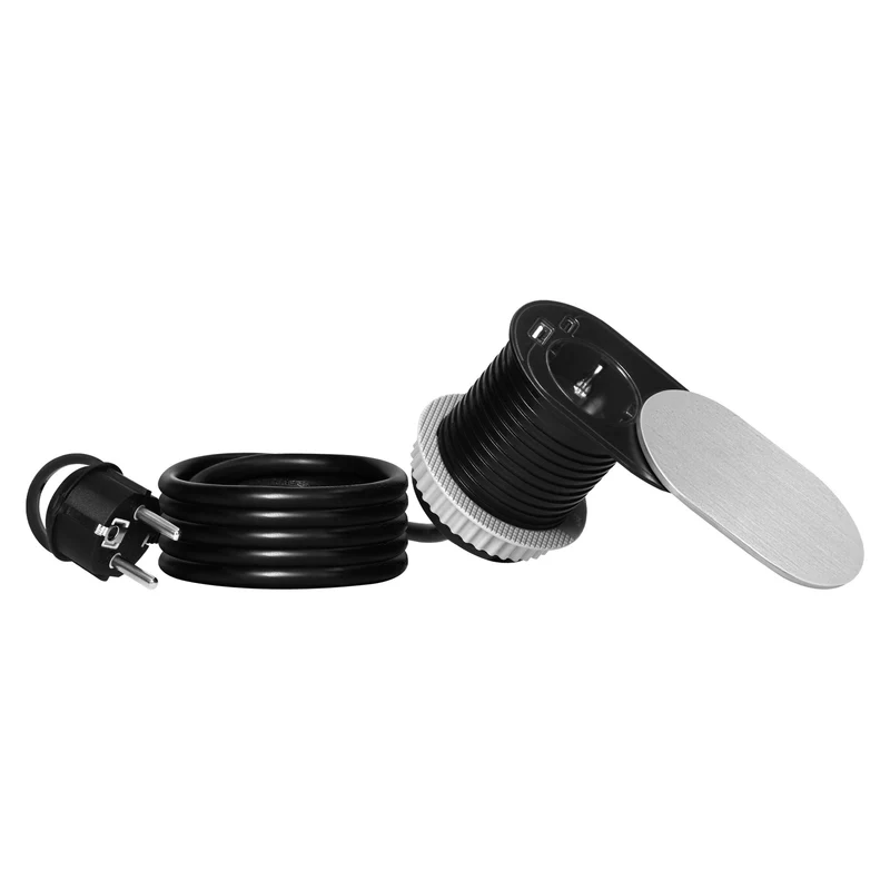 Trano Einbau Steckdose Ø60mm mit Schuko 3680W + USB-A & USB-C PD20W, 1,9m Kabel, Silber/Schwarz/Weiß, IP20