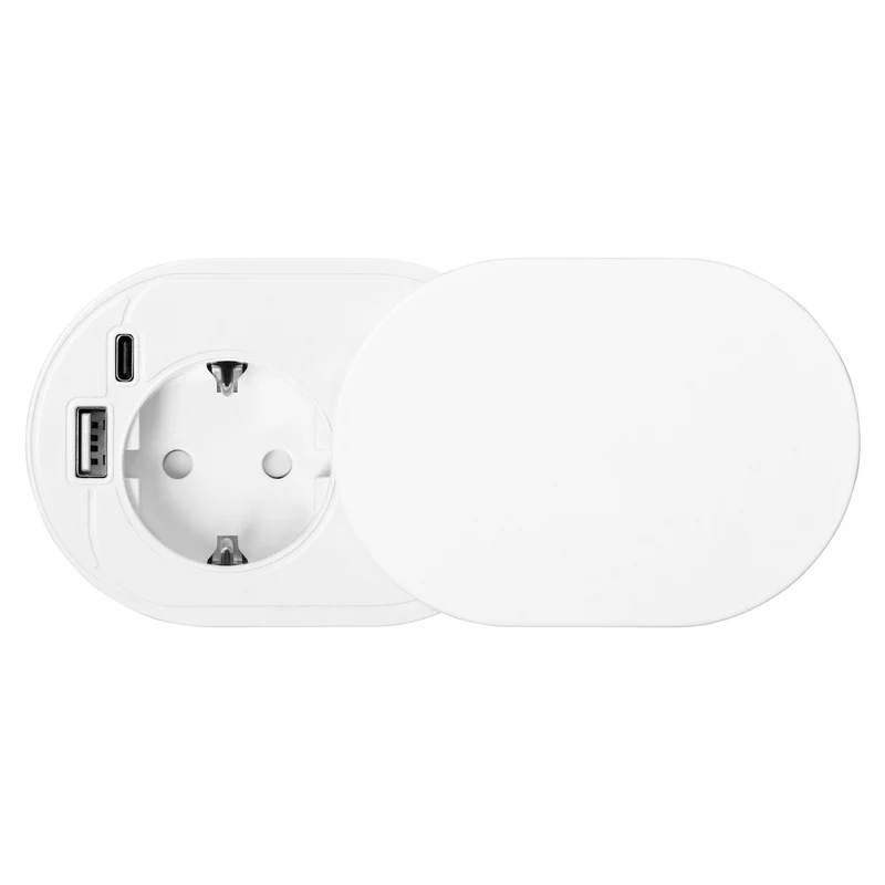 Trano Einbau Steckdose Ø60mm mit Schuko 3680W + USB-A & USB-C PD20W, 1,9m Kabel, Silber/Schwarz/Weiß, IP20