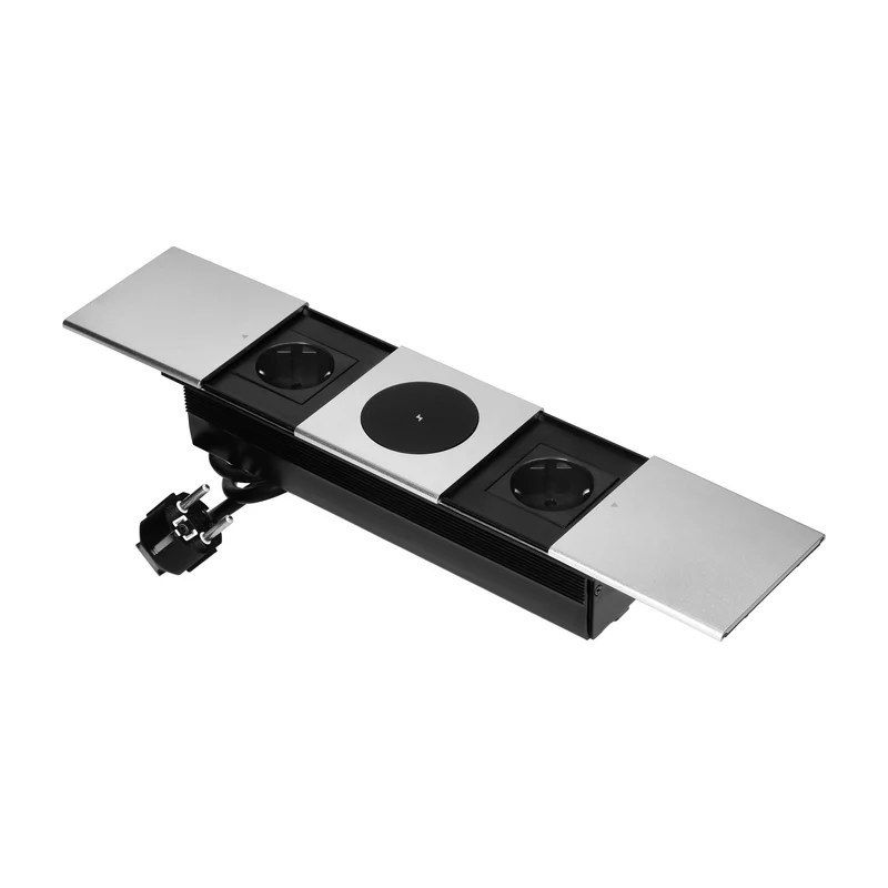 Trano Einbau-Möbelsteckdose mit Schiebedeckel 2x Schuko 3680W, 1,8m Kabel, Qi 15W Wireless Charger, Aluminium Silber, Einbau 258x86mm