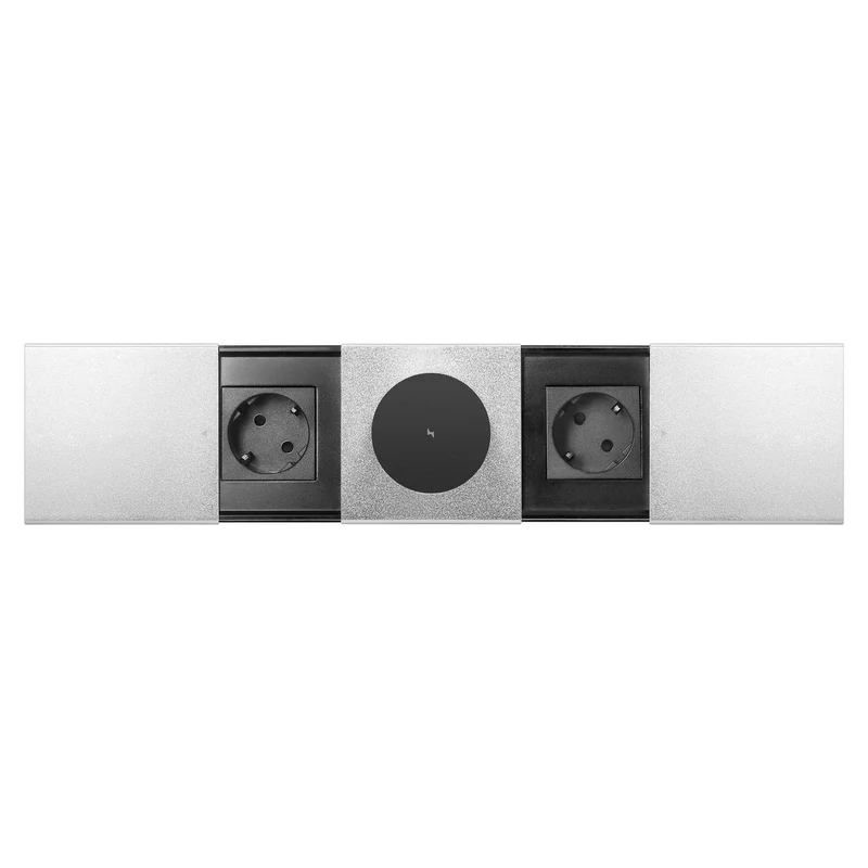 Trano Einbau-Möbelsteckdose mit Schiebedeckel 2x Schuko 3680W, 1,8m Kabel, Qi 15W Wireless Charger, Aluminium Silber, Einbau 258x86mm
