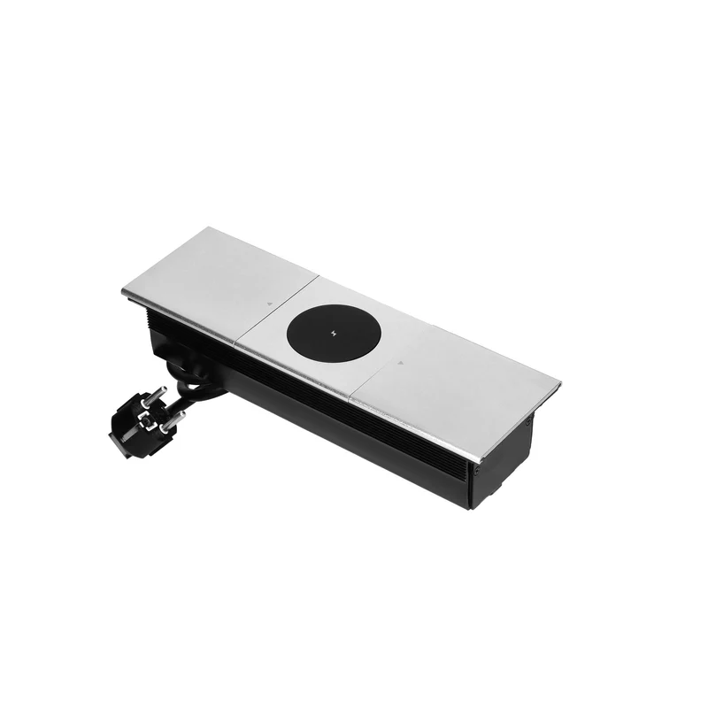 Trano Einbau-Möbelsteckdose mit Schiebedeckel 2x Schuko 3680W, 1,8m Kabel, Qi 15W Wireless Charger, Aluminium Silber, Einbau 258x86mm