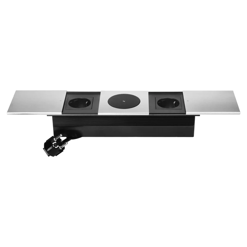 Trano Einbau-Möbelsteckdose mit Schiebedeckel 2x Schuko 3680W, 1,8m Kabel, Qi 15W Wireless Charger, Aluminium Silber, Einbau 258x86mm