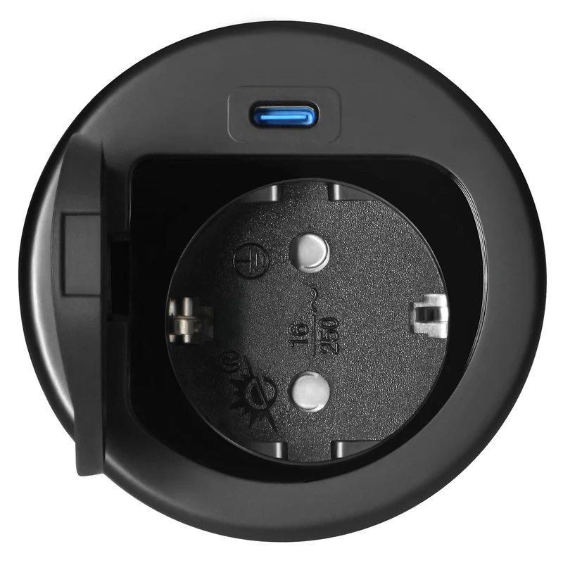 Trano Einbau Steckdose Ø6cm mit Abdeckung, 1x Schuko 3680W + USB-C PD 20W, 1,9m Kabel, Silber/Schwarz, IP20