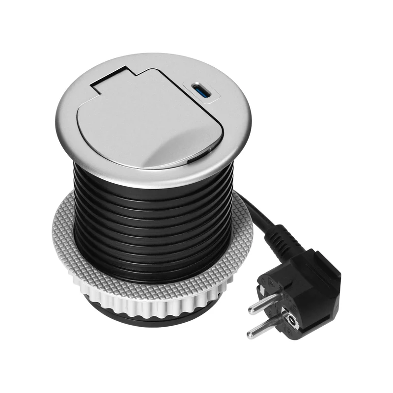 Trano Einbau Steckdose Ø6cm mit Abdeckung, 1x Schuko 3680W + USB-C PD 20W, 1,9m Kabel, Silber/Schwarz, IP20