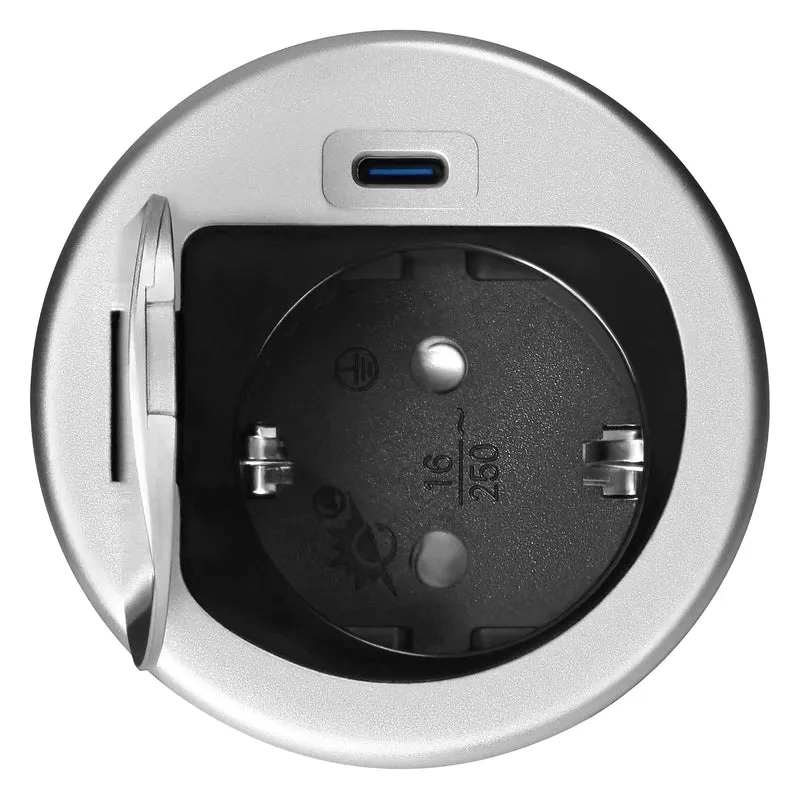 Trano Einbau Steckdose Ø6cm mit Abdeckung, 1x Schuko 3680W + USB-C PD 20W, 1,9m Kabel, Silber/Schwarz, IP20