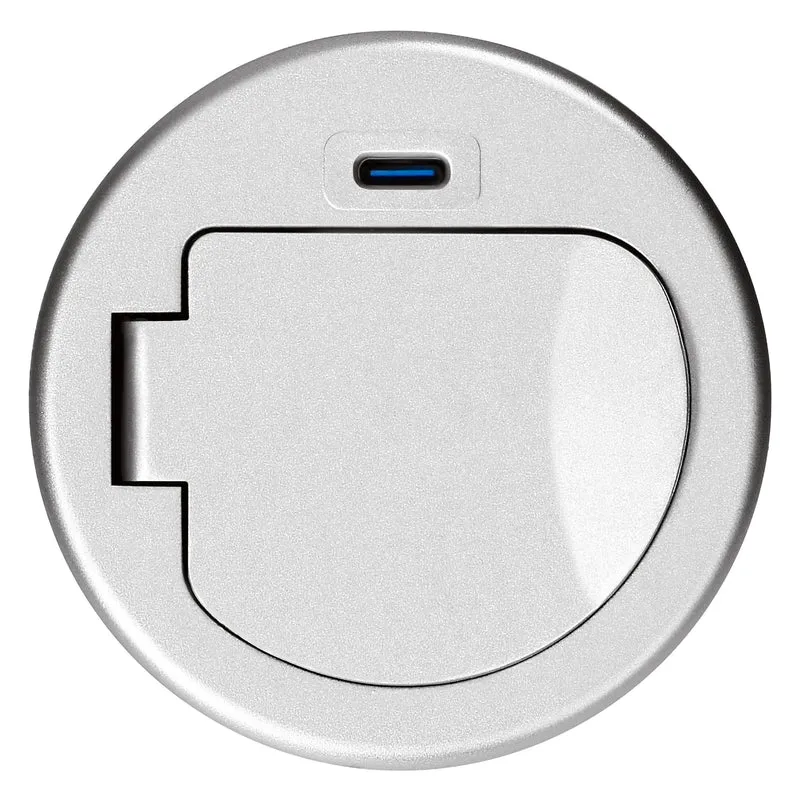 Trano Einbau Steckdose Ø6cm mit Abdeckung, 1x Schuko 3680W + USB-C PD 20W, 1,9m Kabel, Silber/Schwarz, IP20