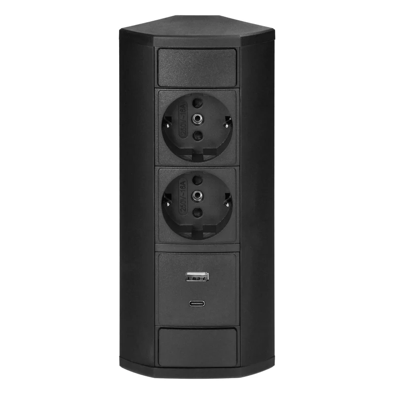 Trano Möbel-Steckdose schwarz | 2x/3x Schuko + USB A+C | 230V, 3680W, IP20, Kabel 0,6m, moderne Einbau-Steckdosenleiste