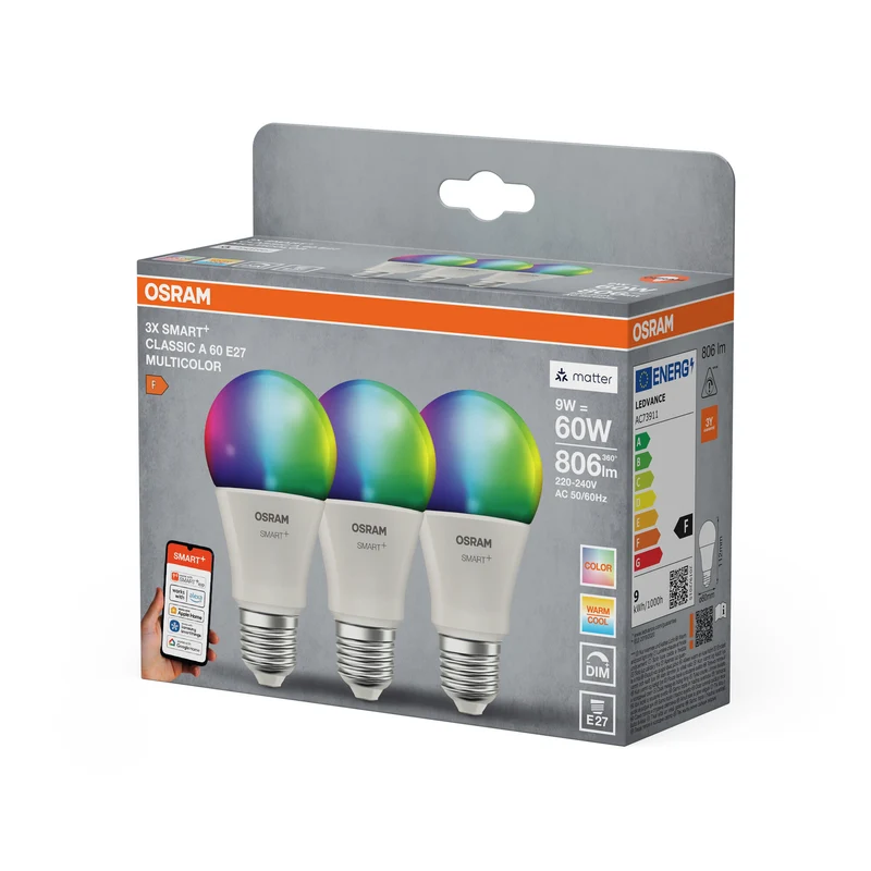 OSRAM SMART+ MATTER Classic shapes Multicolor in A-Form, LED-Lampe, Matt, 9 W, 806 lm, von 2700 bis 6500 K, Matter, Smartspeaker-Kompatibel, Dimmbar