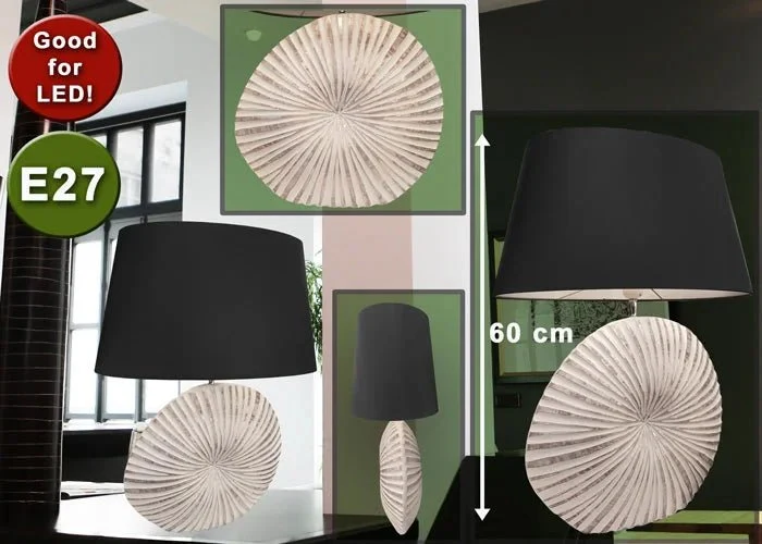 Fischer & Honsel Keramik-Tischlampe 50298 – Reliefsockel Weiß/Altsilber, schwarzer Stoffschirm, 60 cm