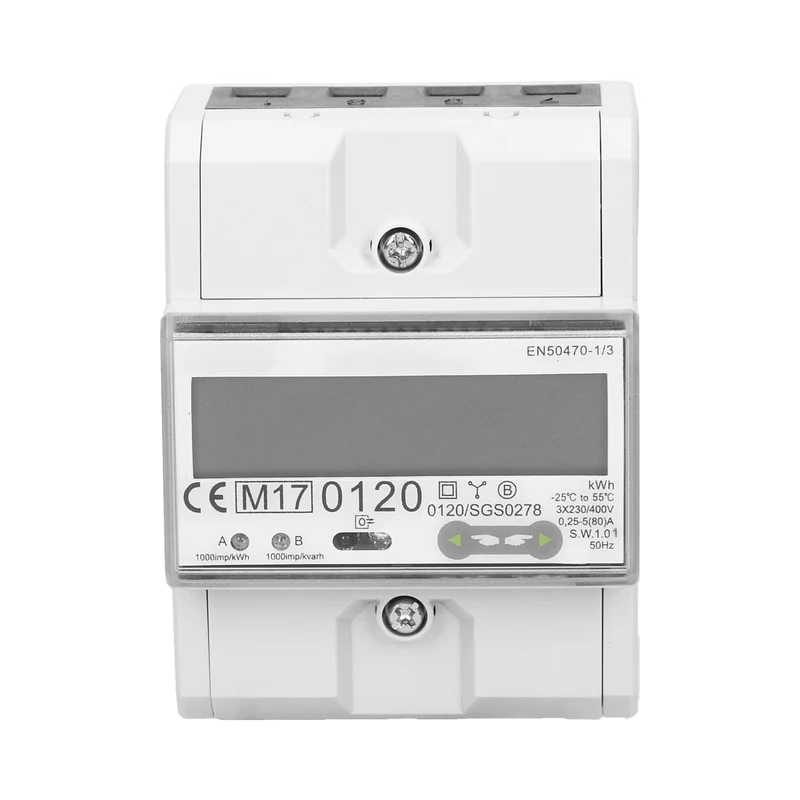Trano 3-Phasen Energiezähler RS-485 Modbus | 80A MID zertifiziert | 4,5 Module DIN TH-35mm | LCD 6+2 | IP51 | 1000 imp/kWh