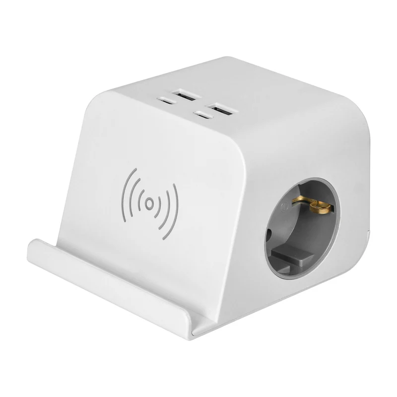 Trano Tischsteckdose mit USB & Induktiv-Ladefunktion, 2x Schuko, 4x USB-A/C, 3680W, 1,4m Kabel, Schraubklemme, Weiß, IP20, 230V