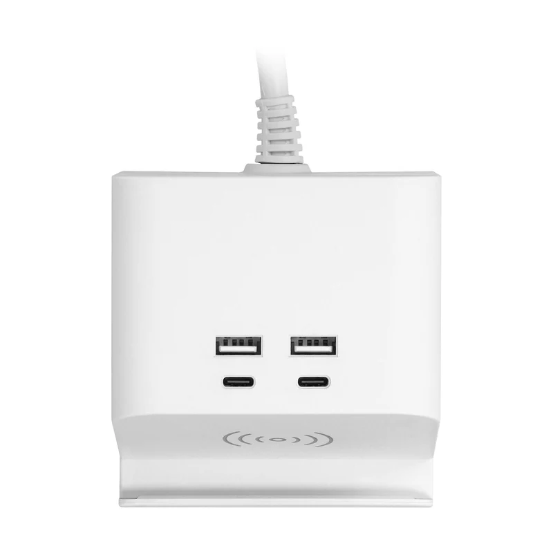 Trano Tischsteckdose mit USB & Induktiv-Ladefunktion, 2x Schuko, 4x USB-A/C, 3680W, 1,4m Kabel, Schraubklemme, Weiß, IP20, 230V