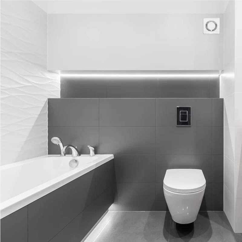 Trano Badezimmerlüfter 100mm Wandmontage mit Zugschalter – 93 m³/h Luftleistung, 26 dB, 8W, 135x135mm, flach & kompakt