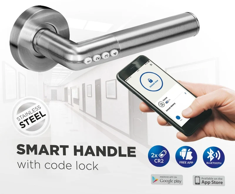 Trano Smart Griff, Elektronische Drückergarnitur mit PIN & Bluetooth 4.0 – IP44, für Türen 38–58 mm, schwarz oder silber, beleuchtet, 2×CR2