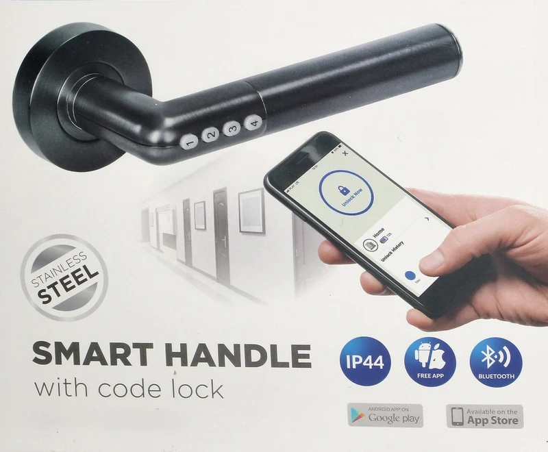 Trano Smart Griff, Elektronische Drückergarnitur mit PIN & Bluetooth 4.0 – IP44, für Türen 38–58 mm, schwarz oder silber, beleuchtet, 2×CR2